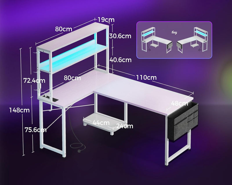 L Shaped Gaming Desk with LED Lights Power