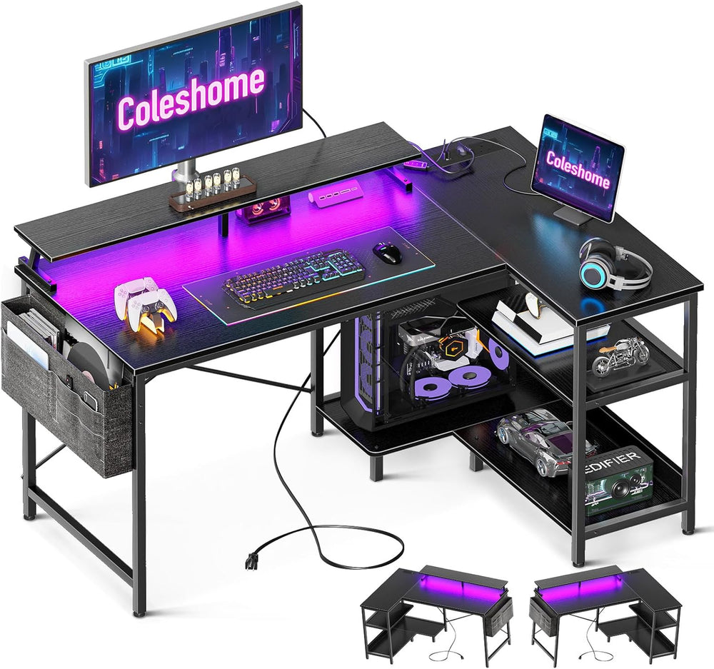Coleshome L Shaped Gaming Desk with LED Lights