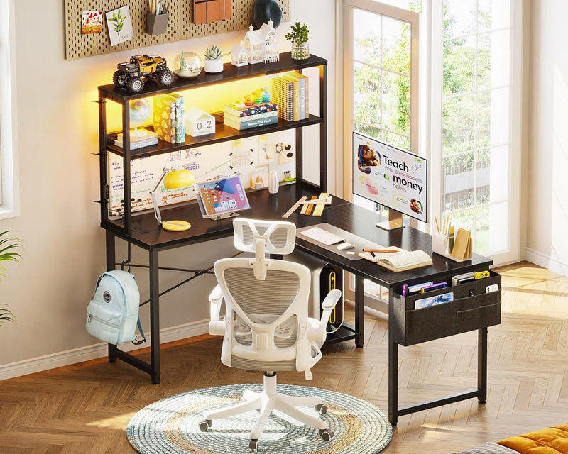 L Shaped Gaming Desk with LED Lights Power