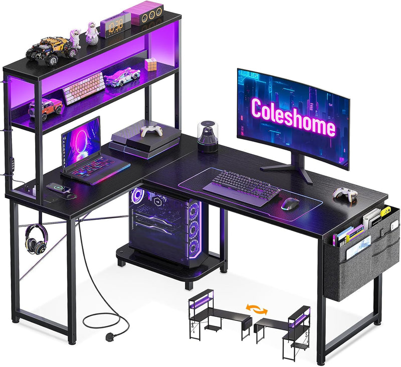 L Shaped Gaming Desk with LED Lights Power
