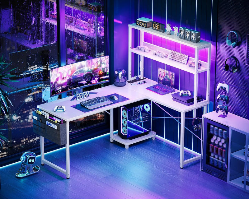 L Shaped Gaming Desk with LED Lights Power