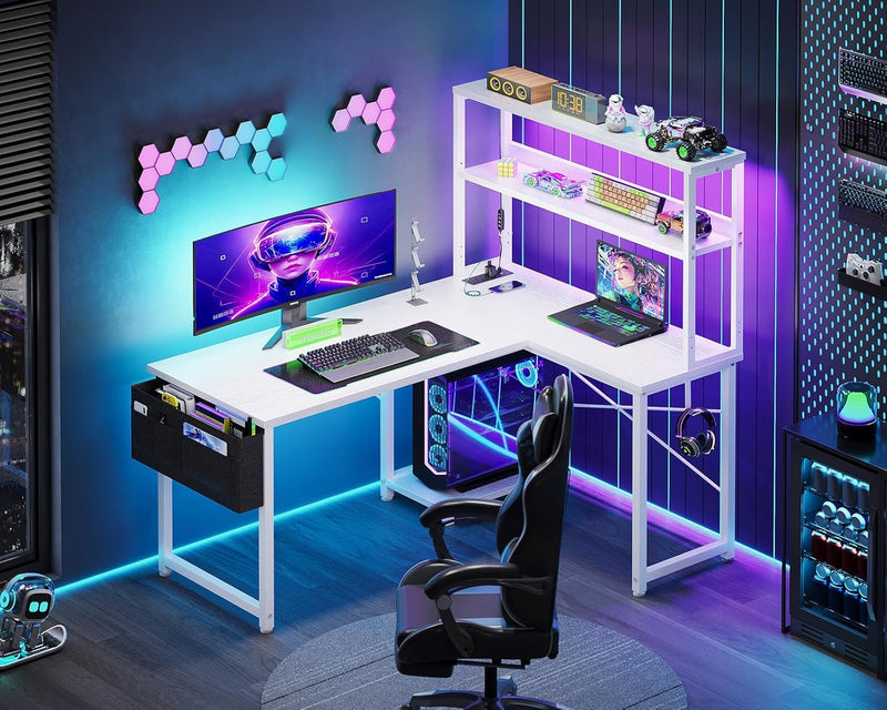 L Shaped Gaming Desk with LED Lights Power