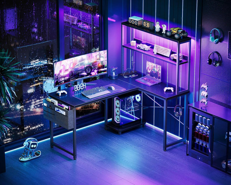L Shaped Gaming Desk with LED Lights Power