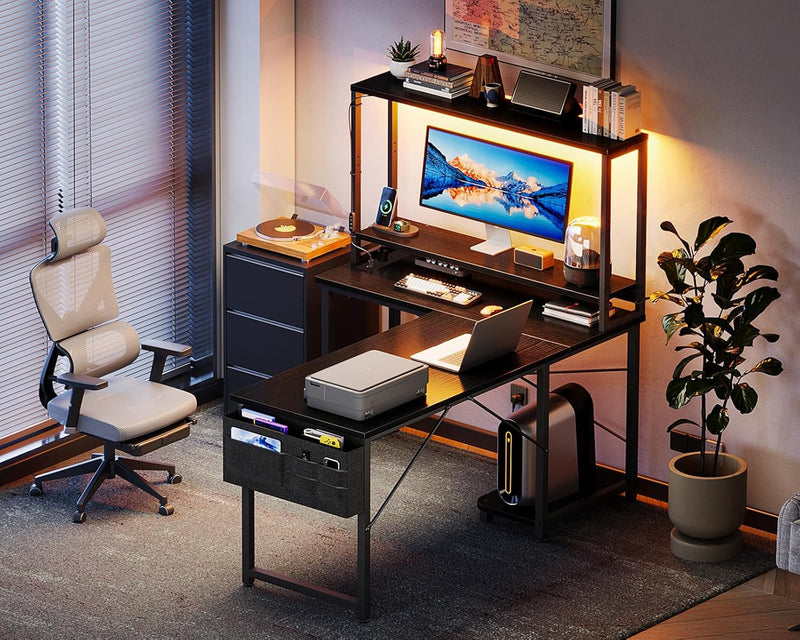 L Shaped Gaming Desk with LED Lights Power