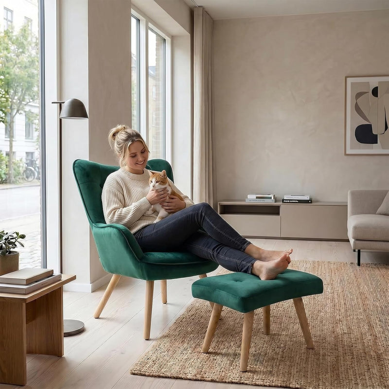Comfy Armchair with Footstool Living Room Chair Velvet