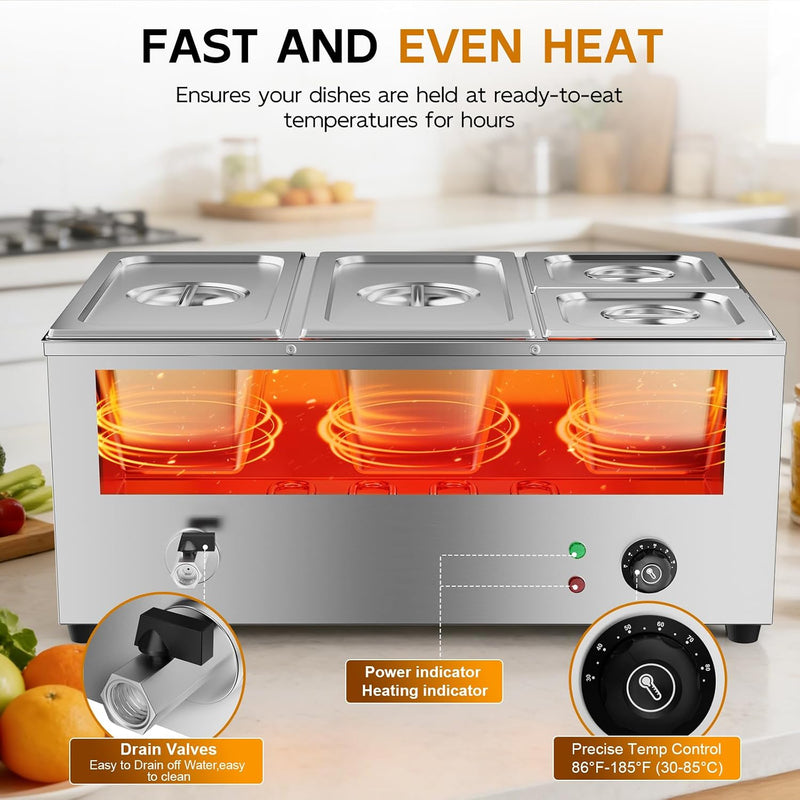 Commercial Bain Marie 1500W Stainless Steel Electric Food