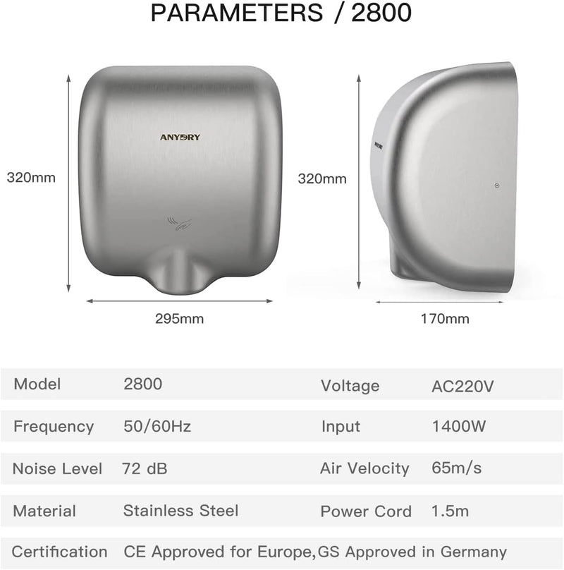 Commercial Hand Dryer Heavy Duty Stainless Steel 10-15s