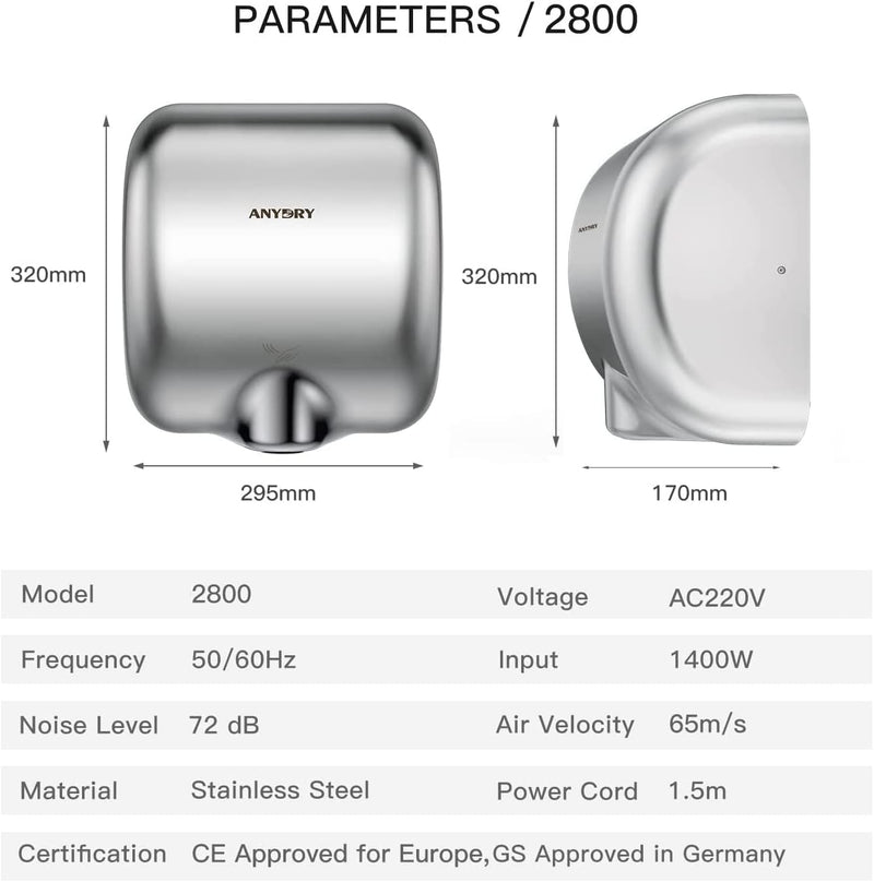 Commercial Hand Dryer Heavy Duty Stainless Steel 10-15s