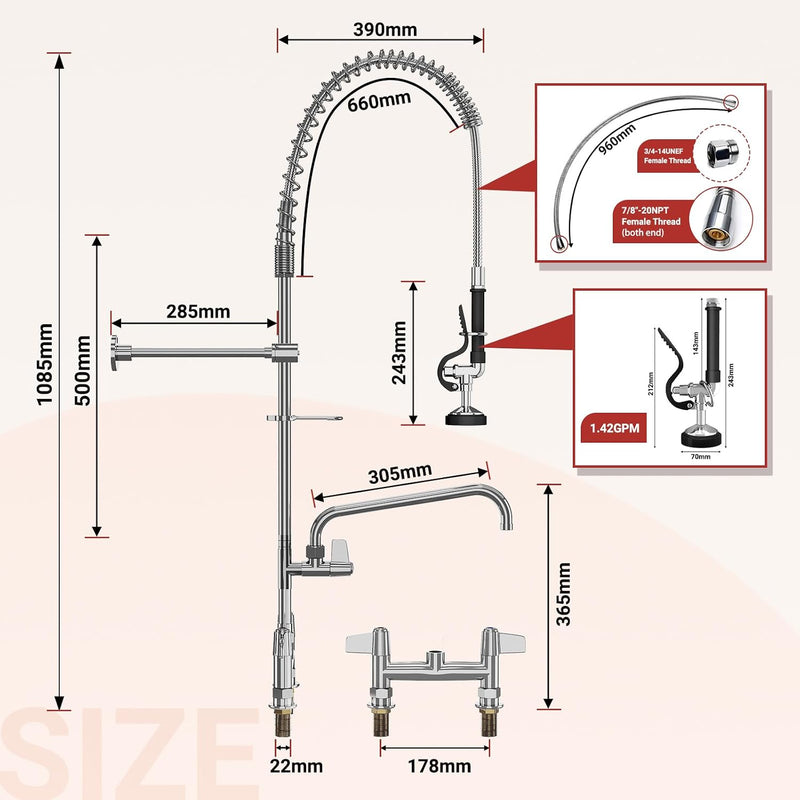 Commercial Kitchen Pre-Rinse Spray Tap Double Pedestal Faucet