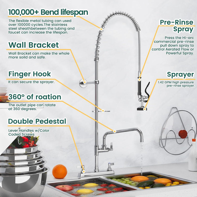 Commercial Kitchen Pre-Rinse Spray Tap Double Pedestal Faucet