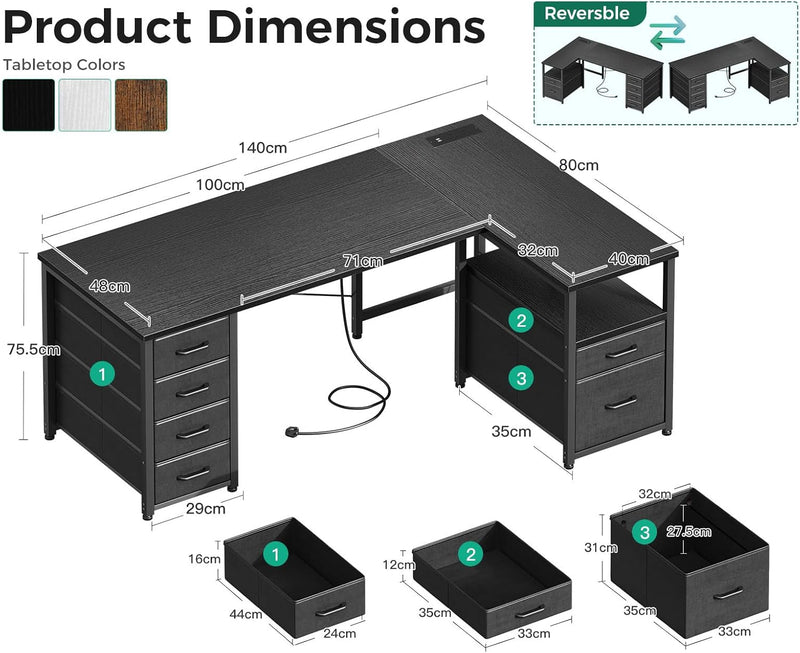 L Shaped Computer Desk with 6 Drawers Power