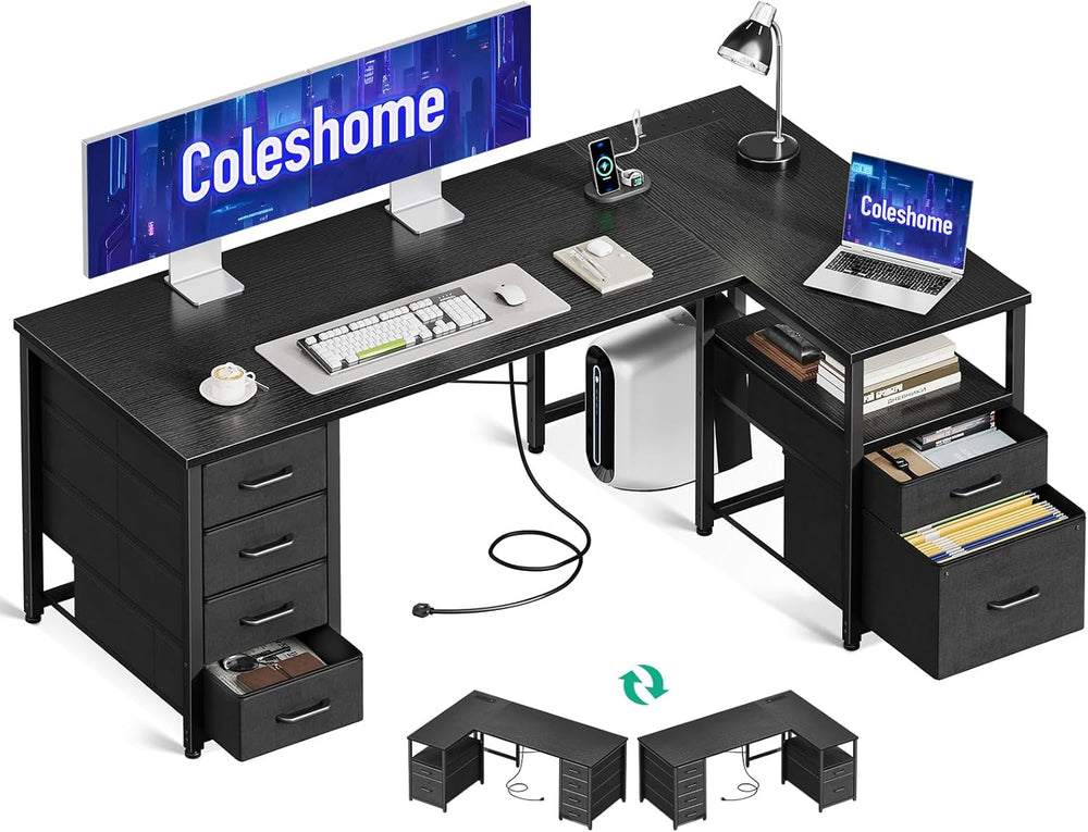 L Shaped Computer Desk with 6 Drawers Power