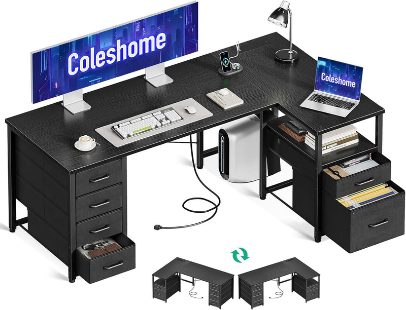 L Shaped Computer Desk with 6 Drawers Power