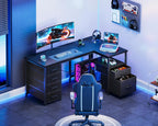 L Shaped Computer Desk with 6 Drawers Power