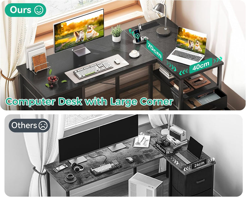 L Shaped Computer Desk with 6 Drawers Power
