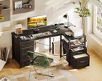 L Shaped Computer Desk with 6 Drawers Power