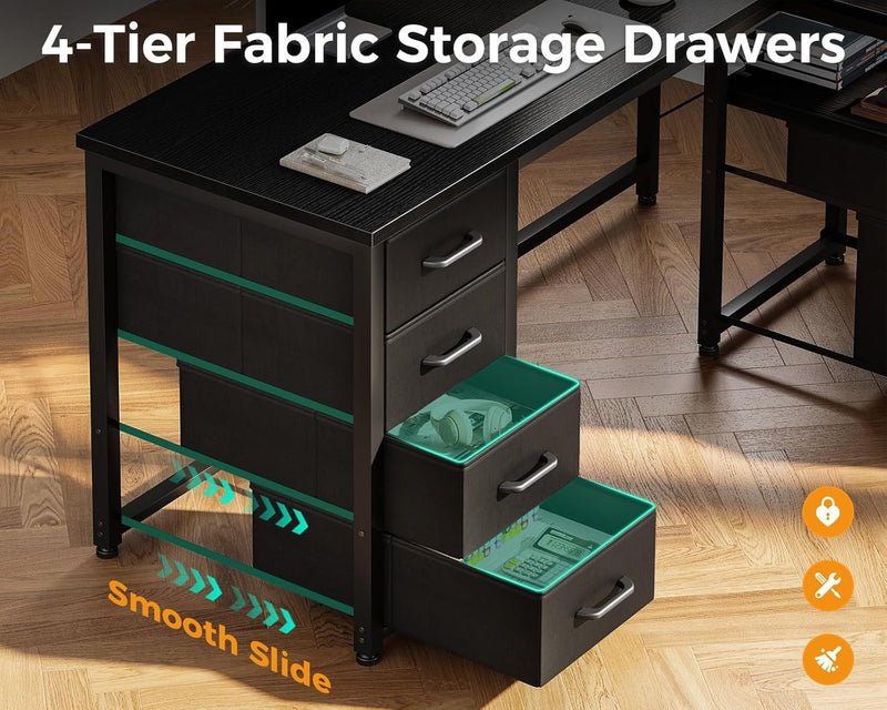 L Shaped Computer Desk with 6 Drawers Power