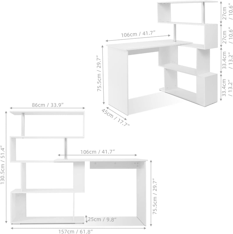 Computer Desk Corner with 4-Tier Storage Bookshelves Rotatable