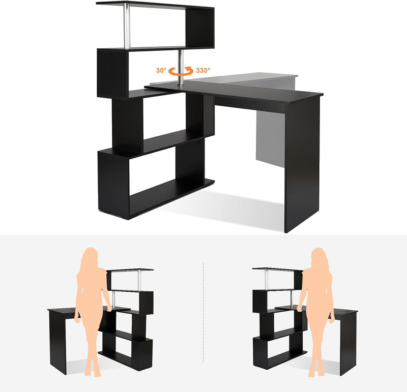 Computer Desk Corner with 4-Tier Storage Bookshelves Rotatable