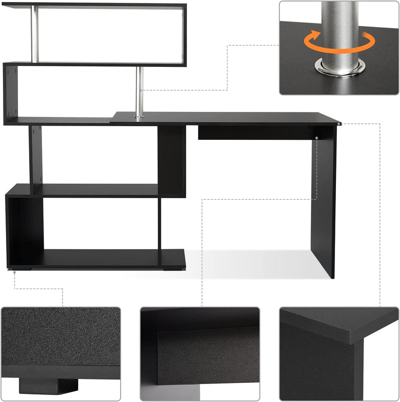 Computer Desk Corner with 4-Tier Storage Bookshelves Rotatable