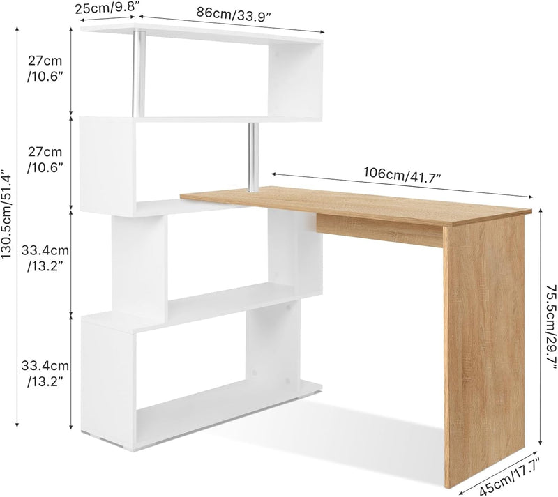 Computer Desk Corner with 4-Tier Storage Bookshelves Rotatable