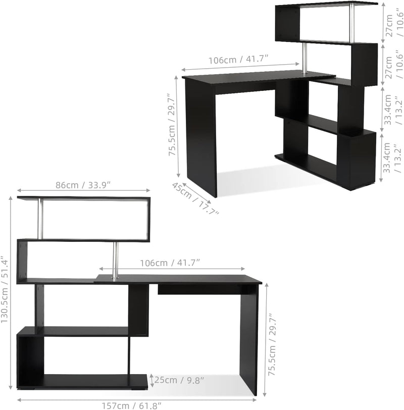 Computer Desk Corner with 4-Tier Storage Bookshelves Rotatable