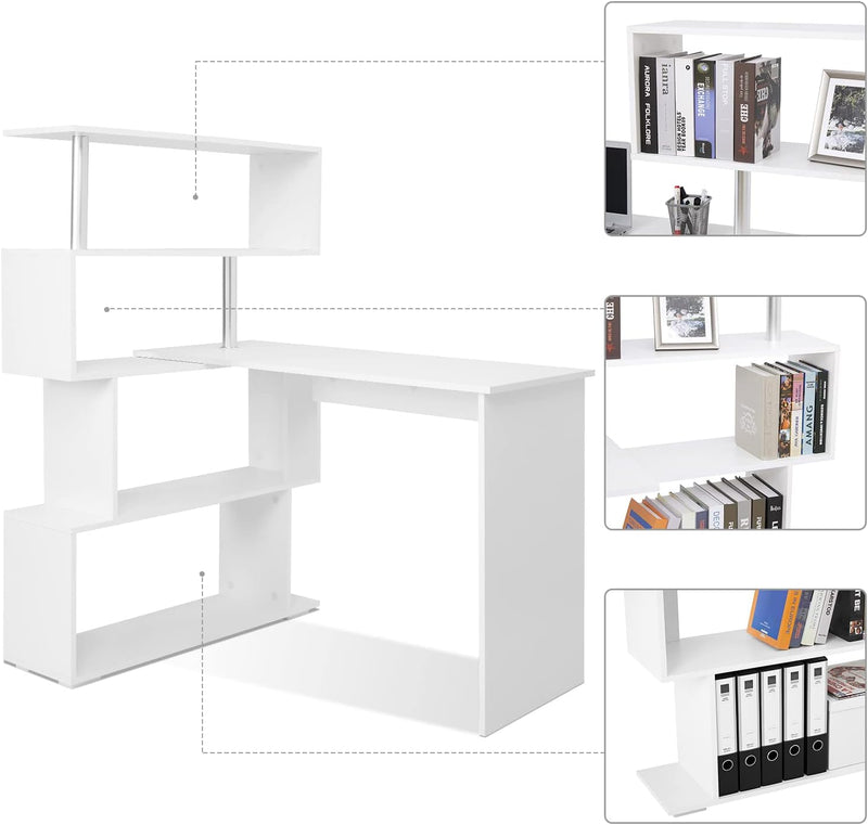 Computer Desk Corner with 4-Tier Storage Bookshelves Rotatable