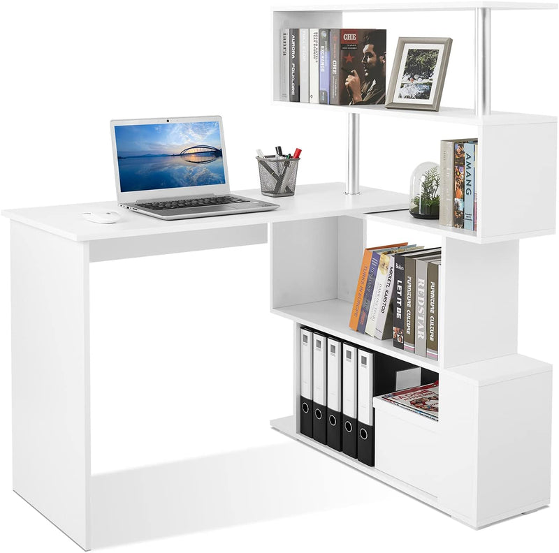 Computer Desk Corner with 4-Tier Storage Bookshelves Rotatable