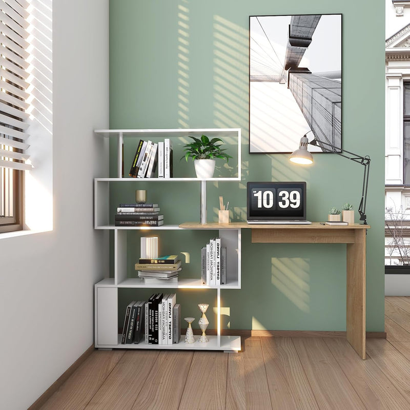 Computer Desk Corner with 4-Tier Storage Bookshelves Rotatable
