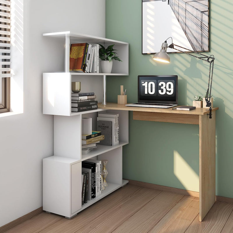Computer Desk Corner with 4-Tier Storage Bookshelves Rotatable