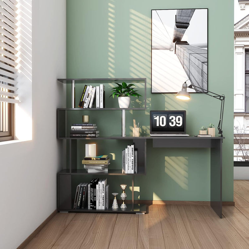 Computer Desk Corner with 4-Tier Storage Bookshelves Rotatable