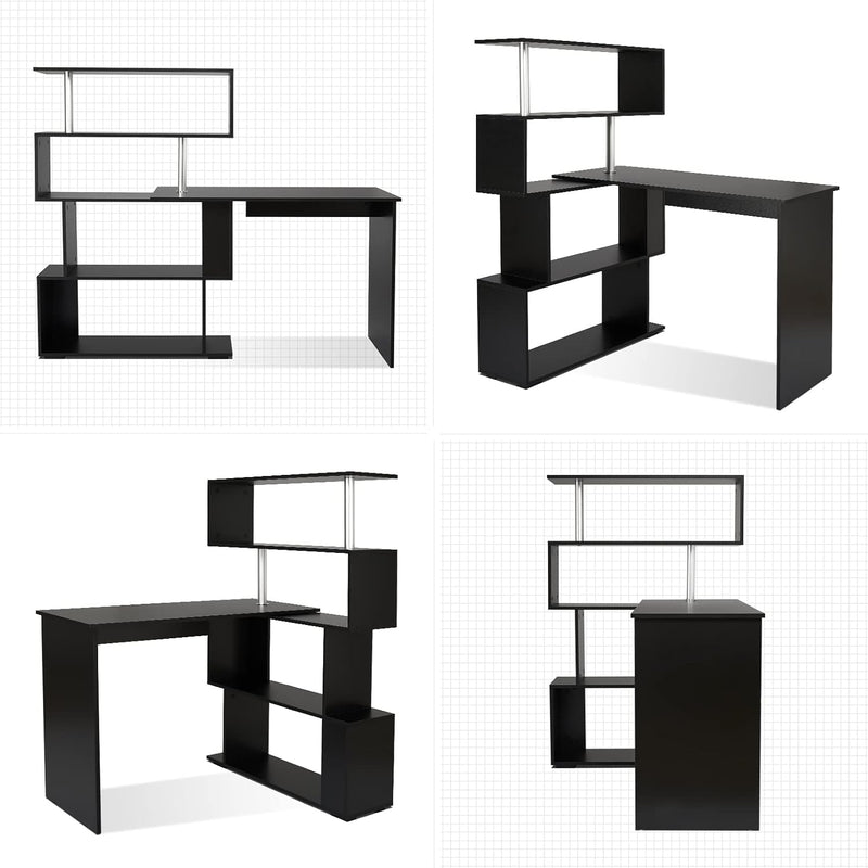 Computer Desk Corner with 4-Tier Storage Bookshelves Rotatable