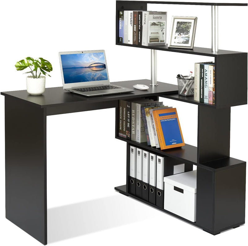 Computer Desk Corner with 4-Tier Storage Bookshelves Rotatable