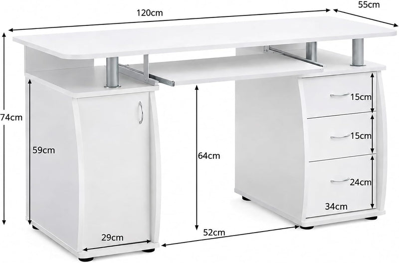Computer Desk with 3 Drawers Cupboard Keyboard Shelf