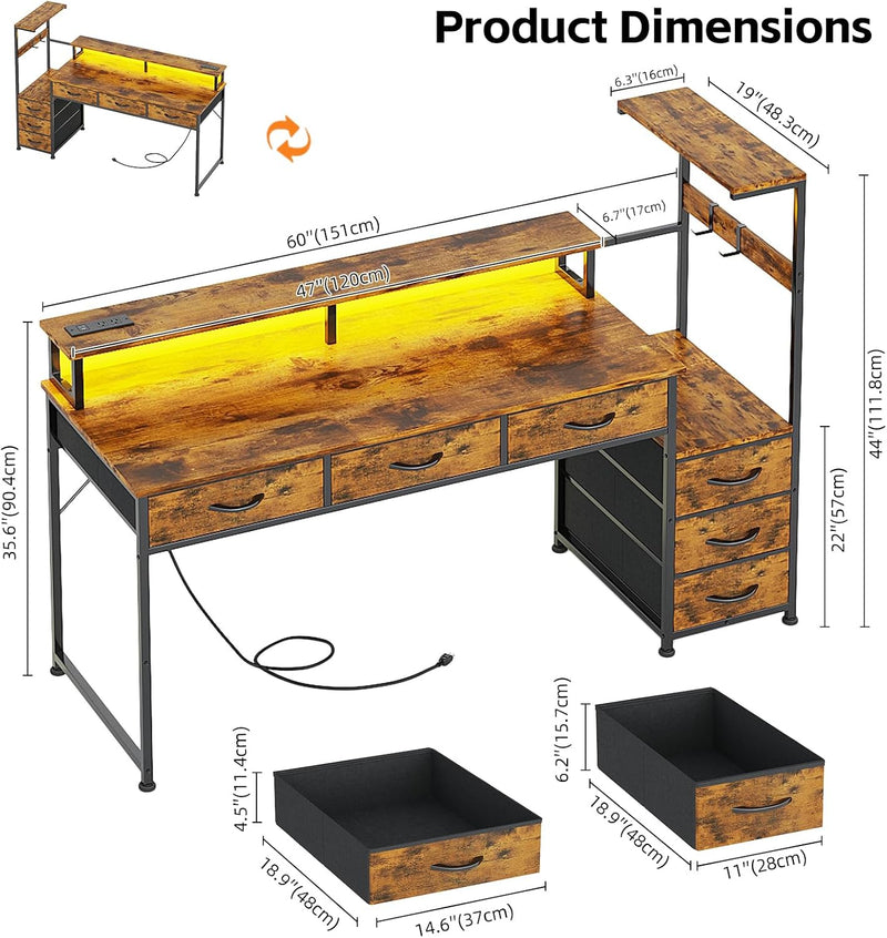 Computer Desk with 6 Fabric Drawers Reversible