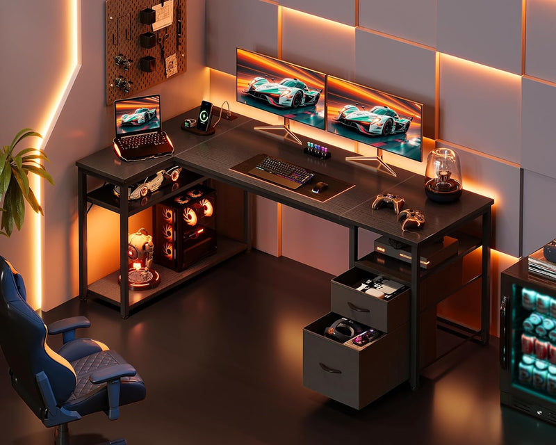 Corner Computer Desk with Drawers and Shelves