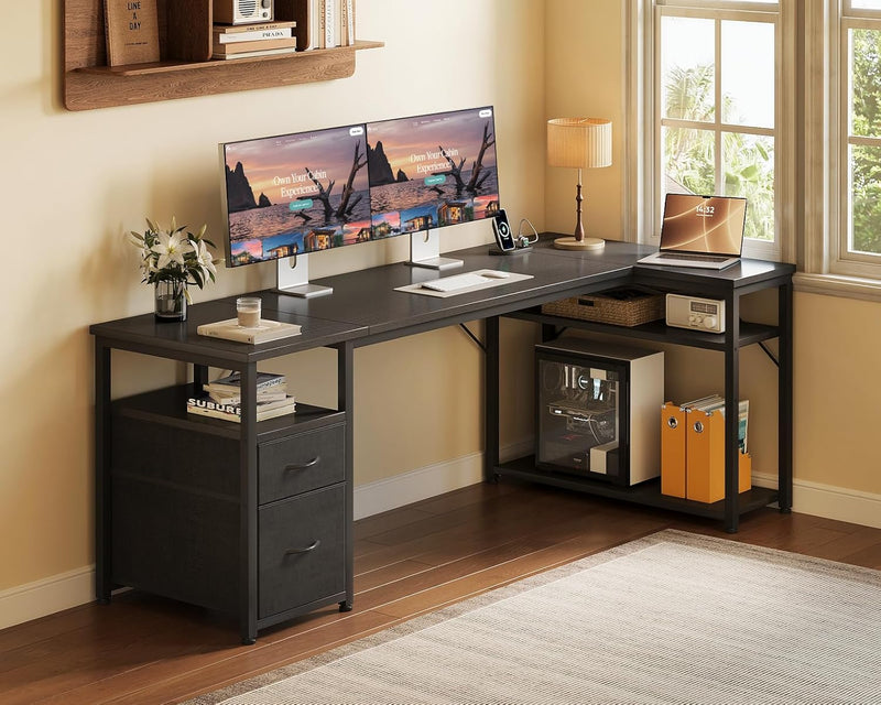 Corner Computer Desk with Drawers and Shelves