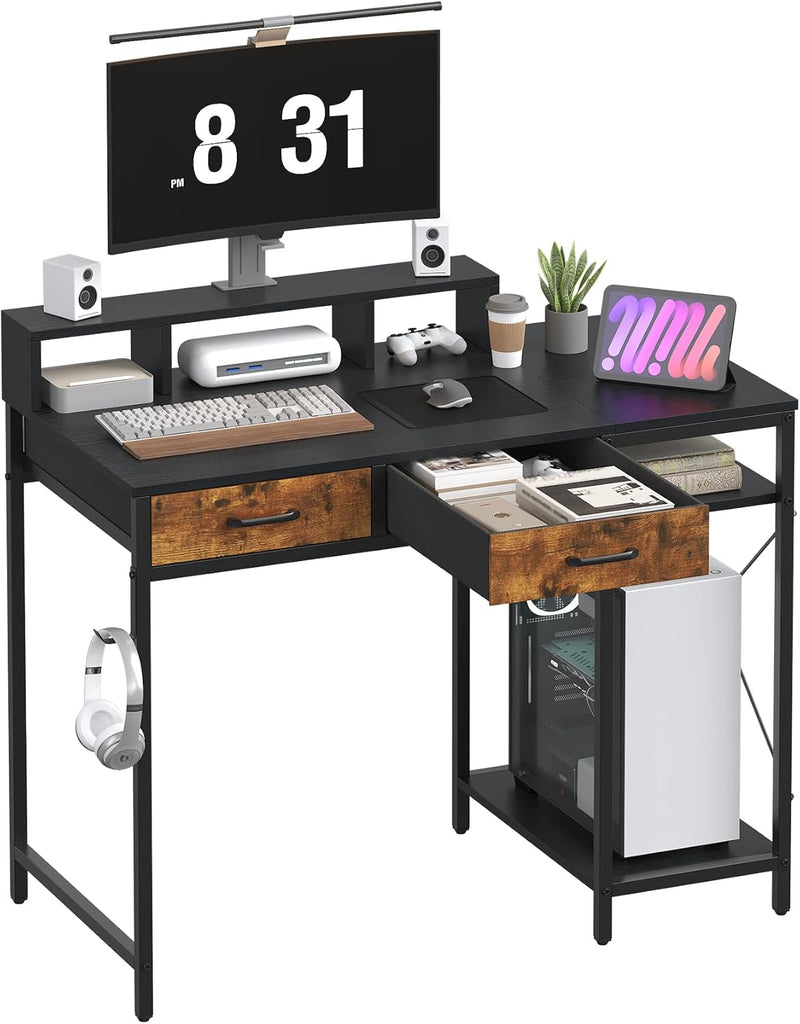 Computer Desk with Drawers Gaming Fixed Monitor Stand