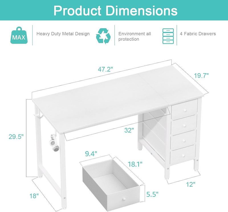 Computer Desk with Fabric Drawers 120CM Reversible Study