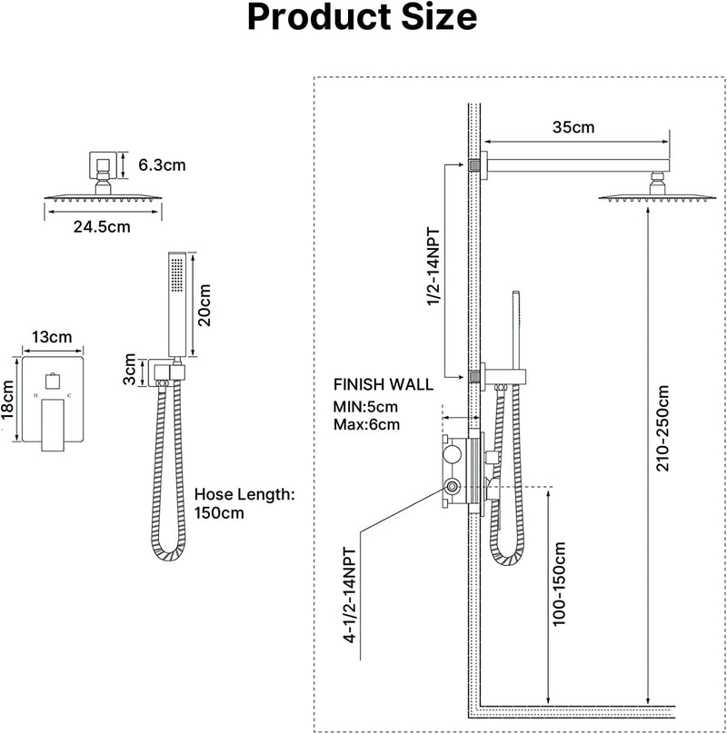 Concealed Shower Set 2 Ways with 10-Inch Square