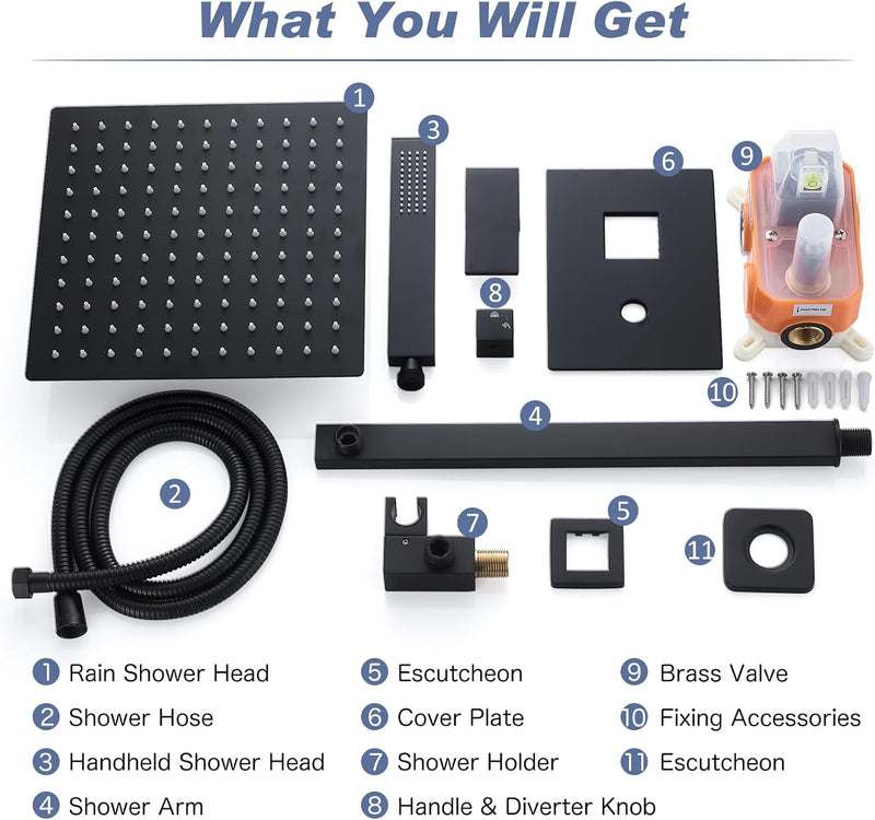 Concealed Shower Set 2 Ways with 10-Inch Square