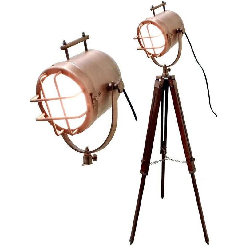Spotlight Wooden Tripod Floor Lamp Vintage Searchlight Copper