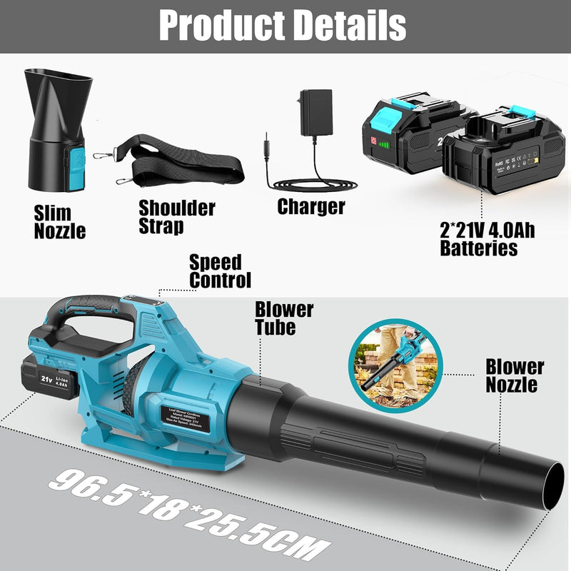 Cordless Leaf Blower 2 Batteries 4.0ah Garden 21V
