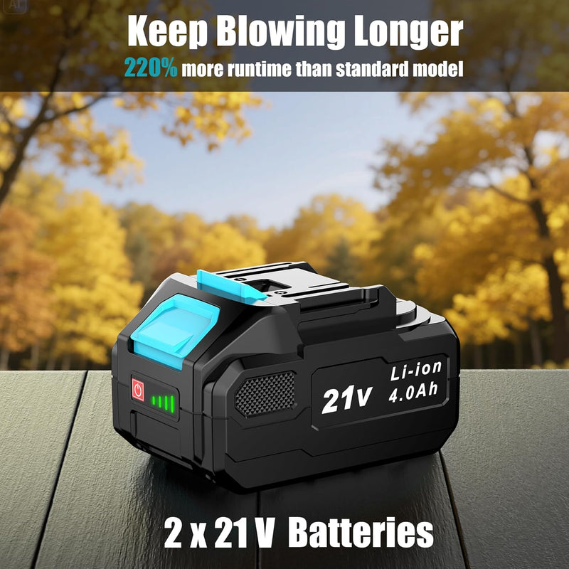 Cordless Leaf Blower 2 Batteries 4.0ah Garden 21V