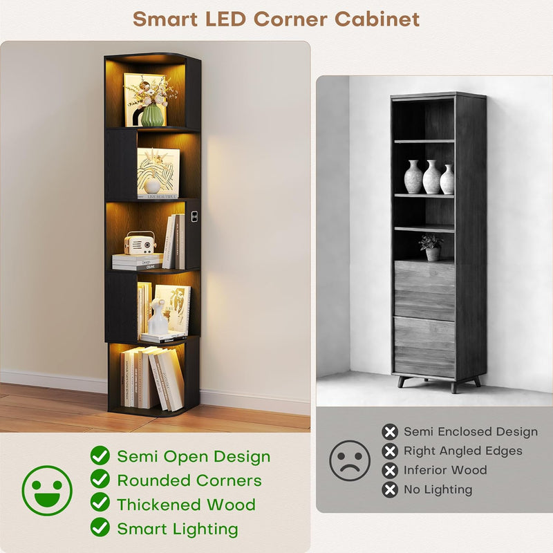 5-Tiers Corner Bookcase with 3 Colour Lights