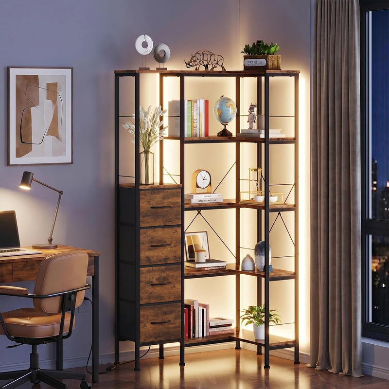 Corner Bookshelf Unit with 4 Fabric Drawers LED