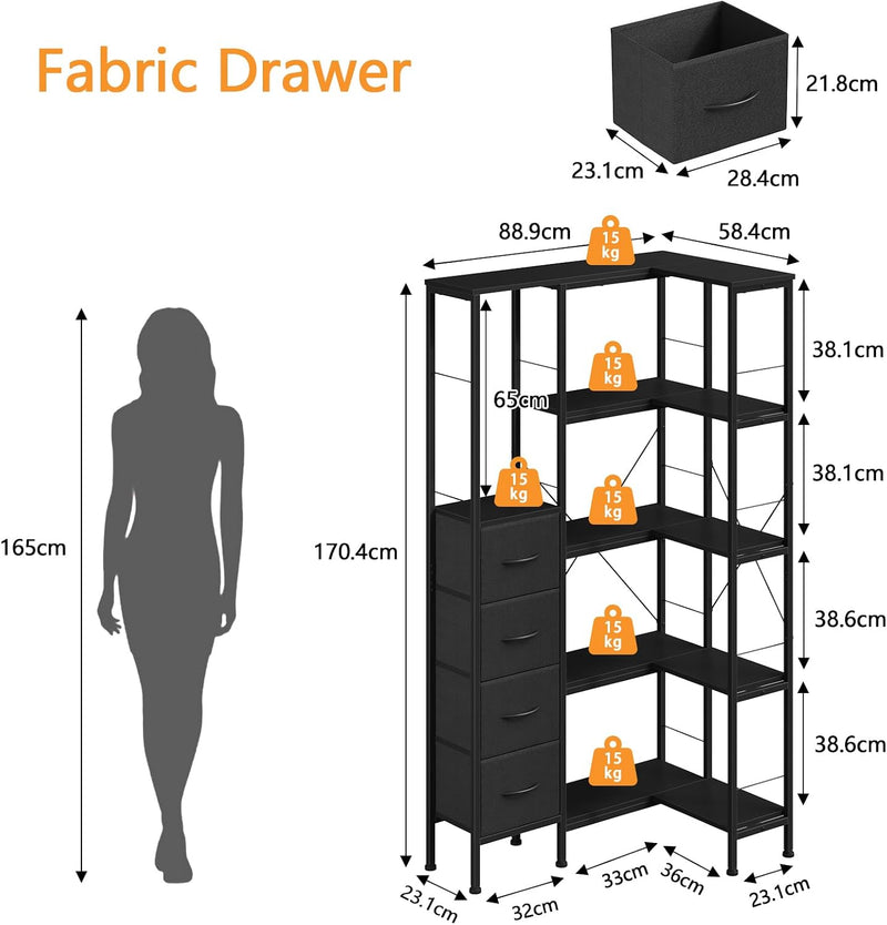 Corner Bookshelf Unit with 4 Fabric Drawers LED