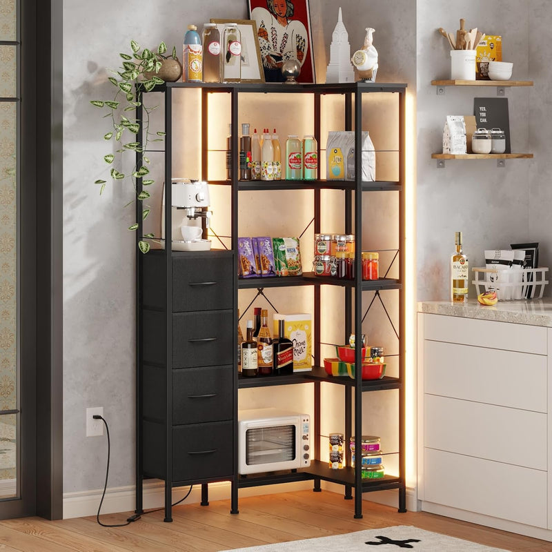 Corner Bookshelf Unit with 4 Fabric Drawers LED
