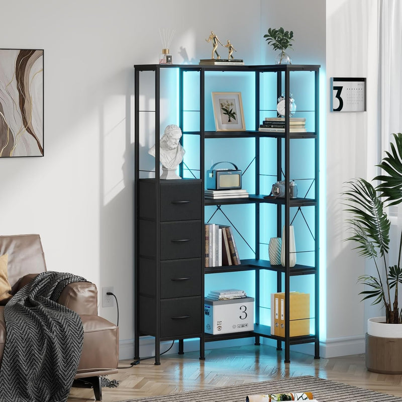 Corner Bookshelf Unit with 4 Fabric Drawers LED