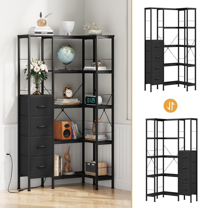 Corner Bookshelf Unit with 4 Fabric Drawers LED